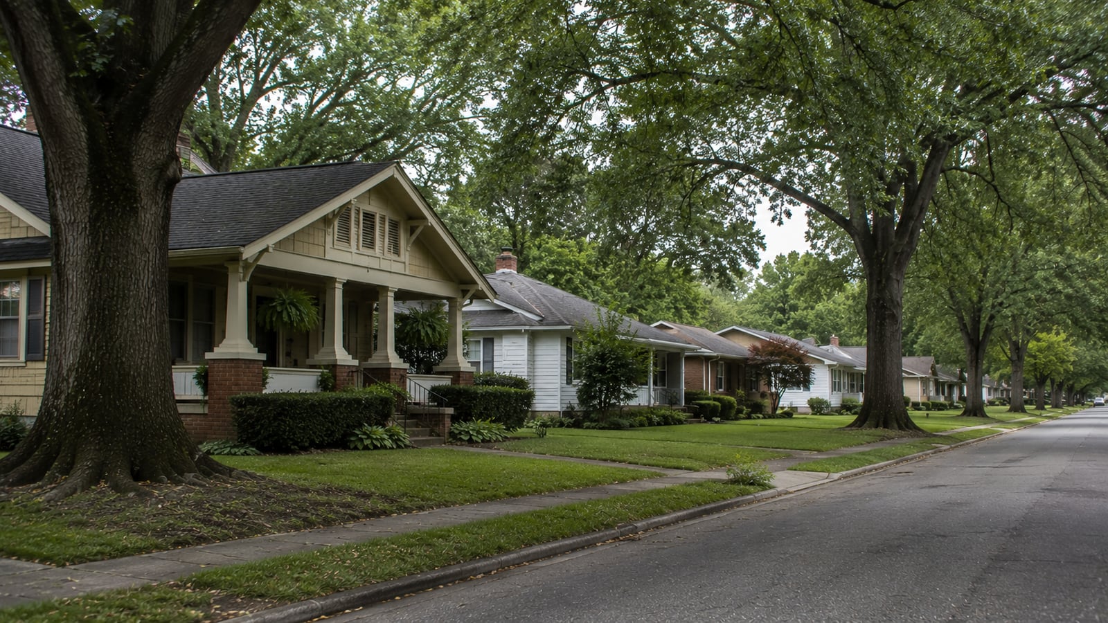 Newer residential subdivision street in suburban Shelby County Tennessee showing homes with varied rooflines and curbside drainage