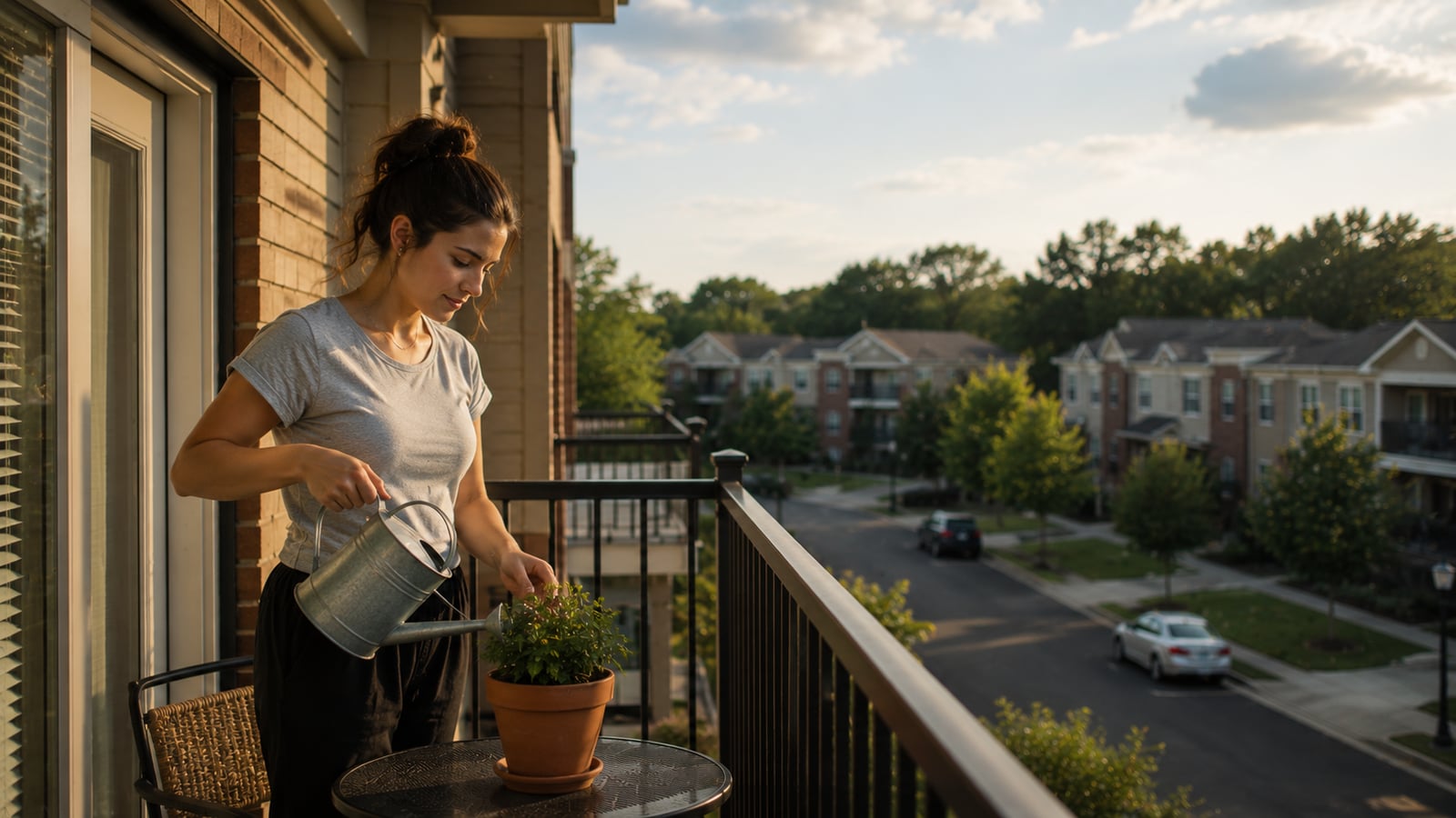 Young woman watering a plant on a second-floor apartment balcony in a suburban neighborhood, late afternoon light
