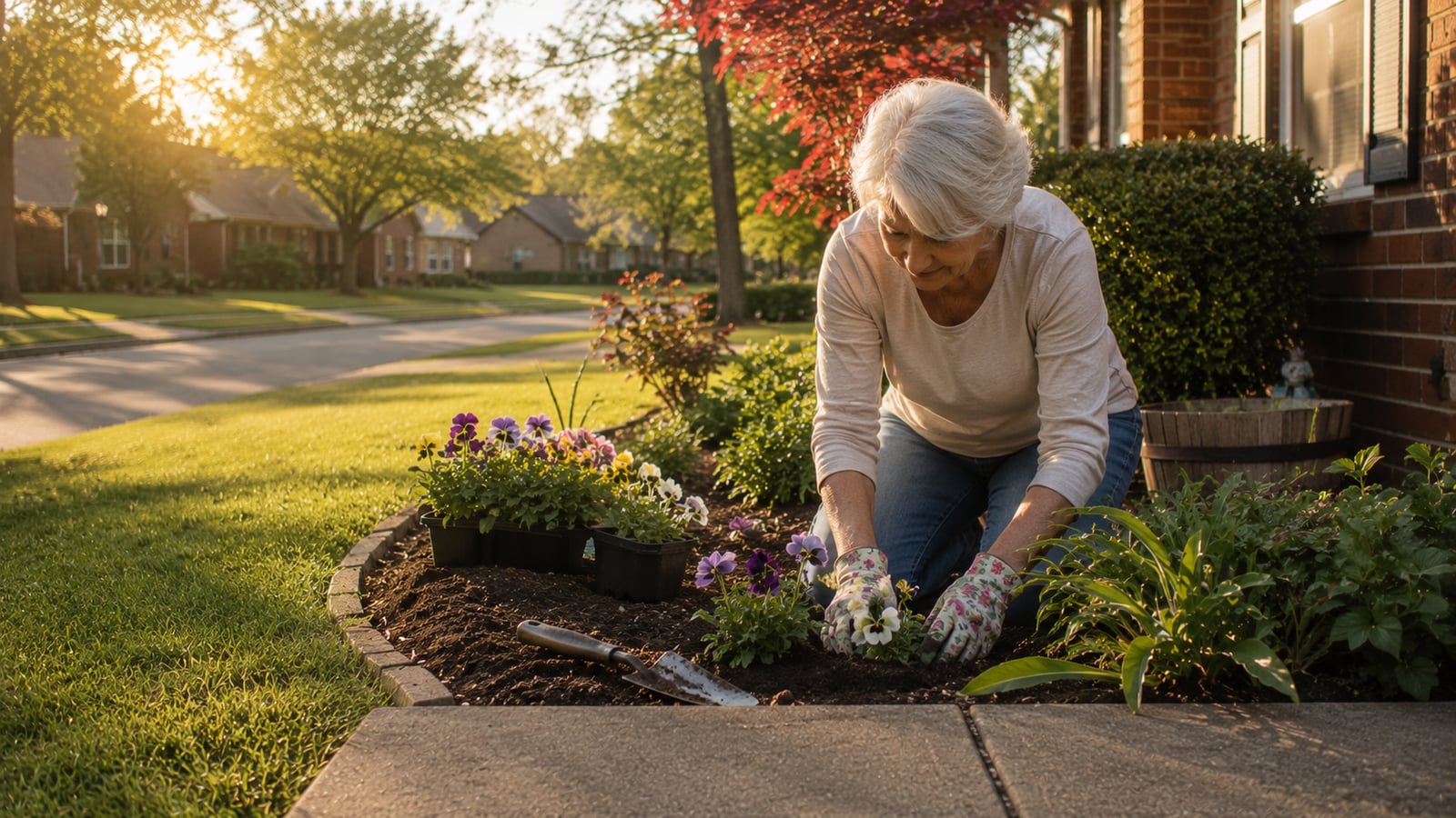 An older woman kneeling in her front yard planting flowers along the edge of a flower bed in late afternoon light in a Mid-South suburban neighborhood