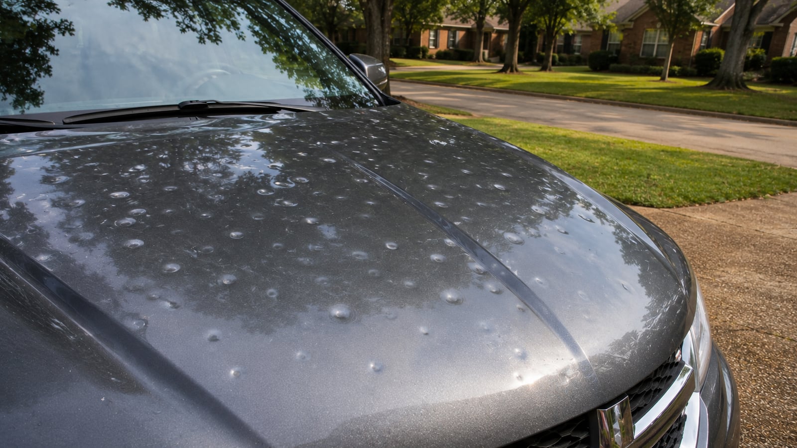 Hail damage dents on the hood of a car parked in a suburban driveway in Memphis