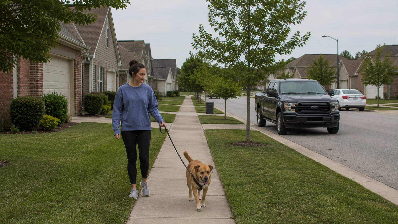 Young woman walking a dog on a quiet residential sidewalk in an Arlington Tennessee neighborhood