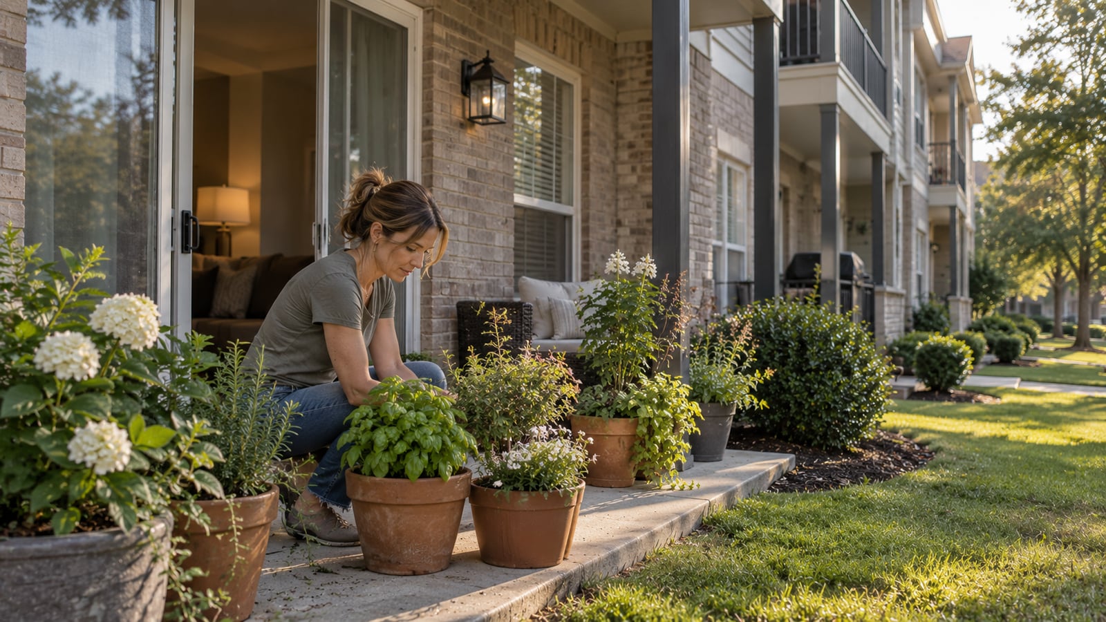 Woman tending container garden on the patio of a ground-floor apartment unit in a Collierville Tennessee suburban apartment community