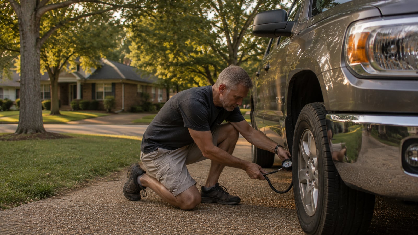 Man checking tire pressure on a pickup truck in a residential driveway in a Hernando Mississippi neighborhood