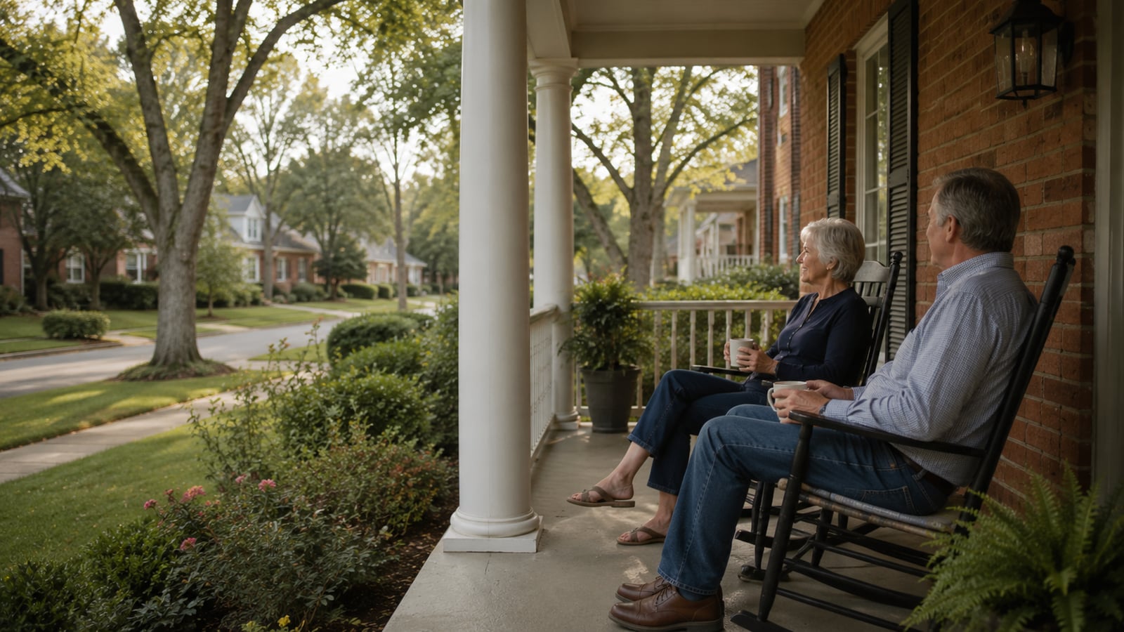 Older couple relaxing on the porch of a two-story brick home in Hernando Mississippi