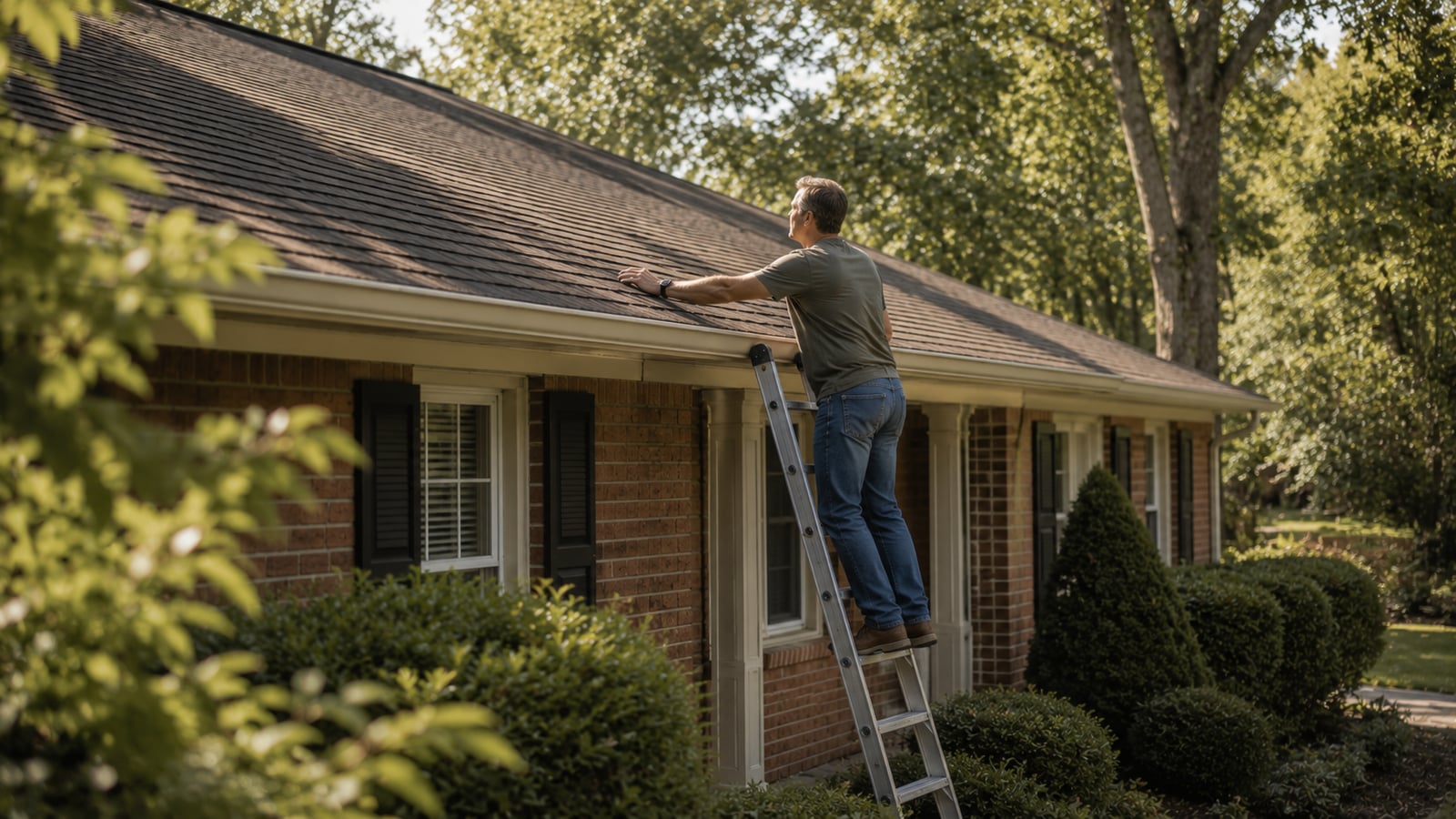 Homeowner inspecting the roof of an older brick ranch home in Southaven