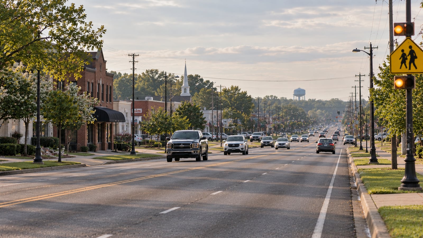 US-70 corridor through the commercial center of Arlington Tennessee on a weekday morning with light commuter traffic