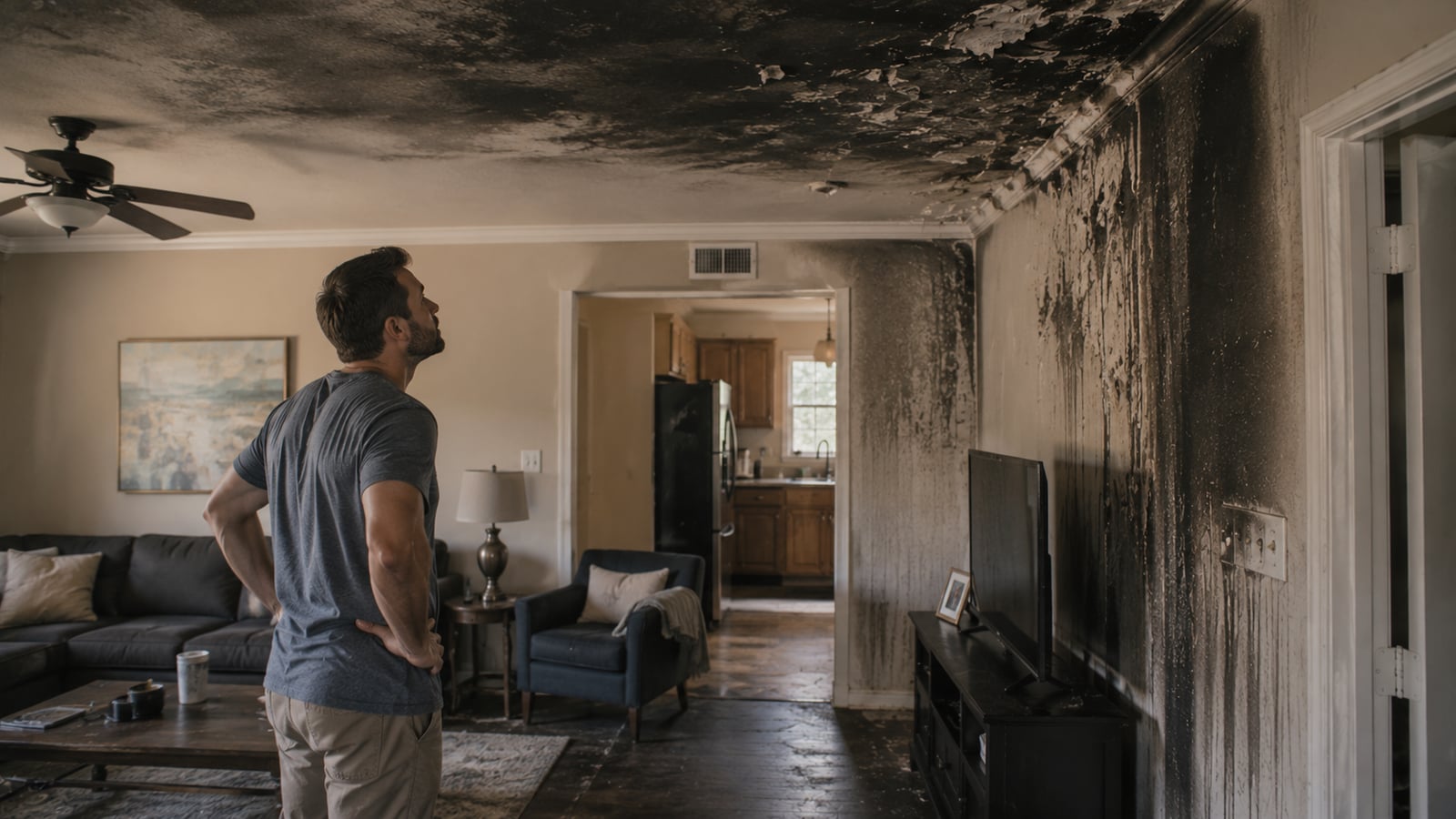 Tenant surveying smoke damage inside a rental apartment