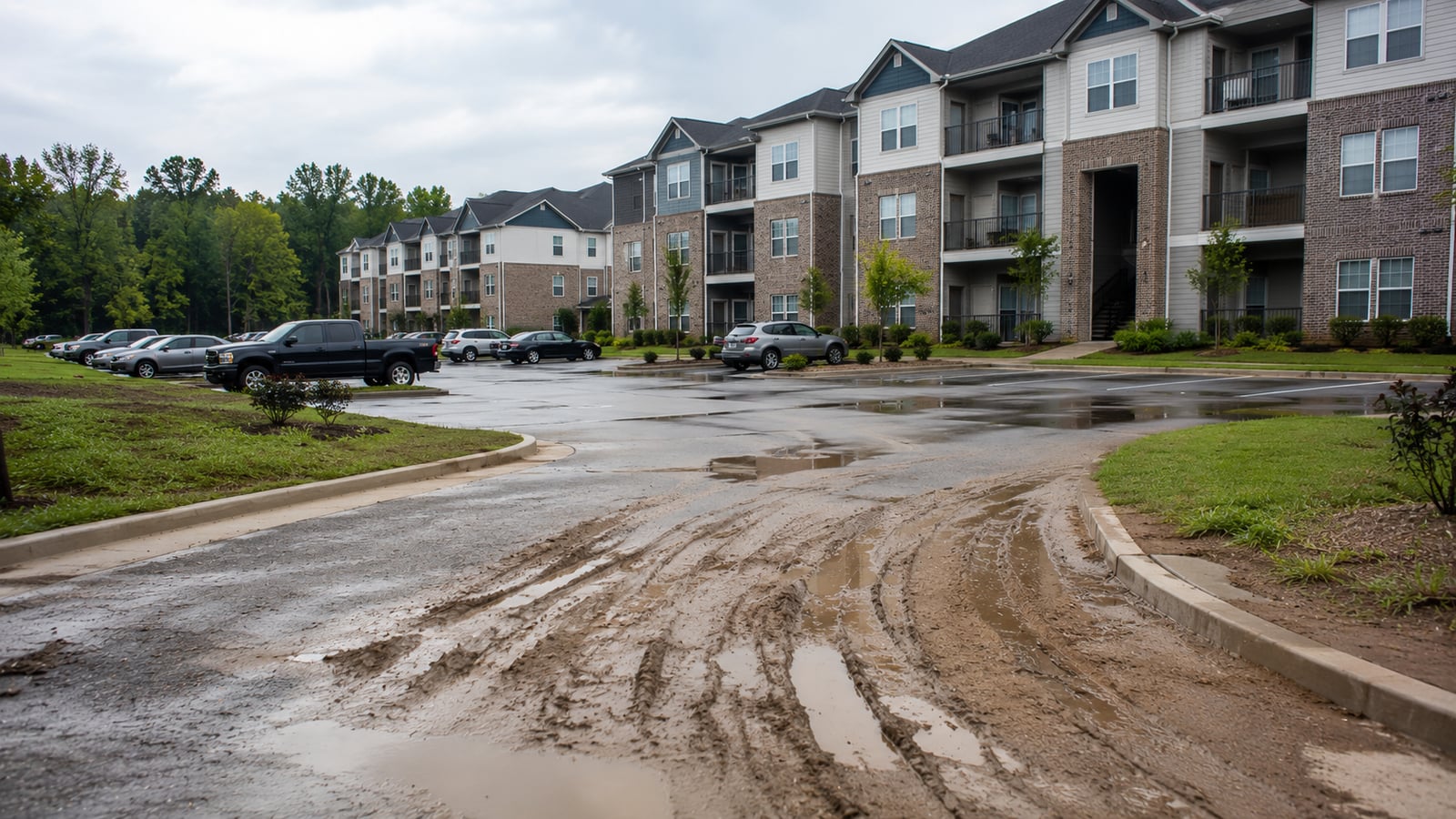 Wide view of a suburban apartment complex in north Mississippi showing post-rain standing water and muddy tire ruts in the parking lot entrance, no people visible