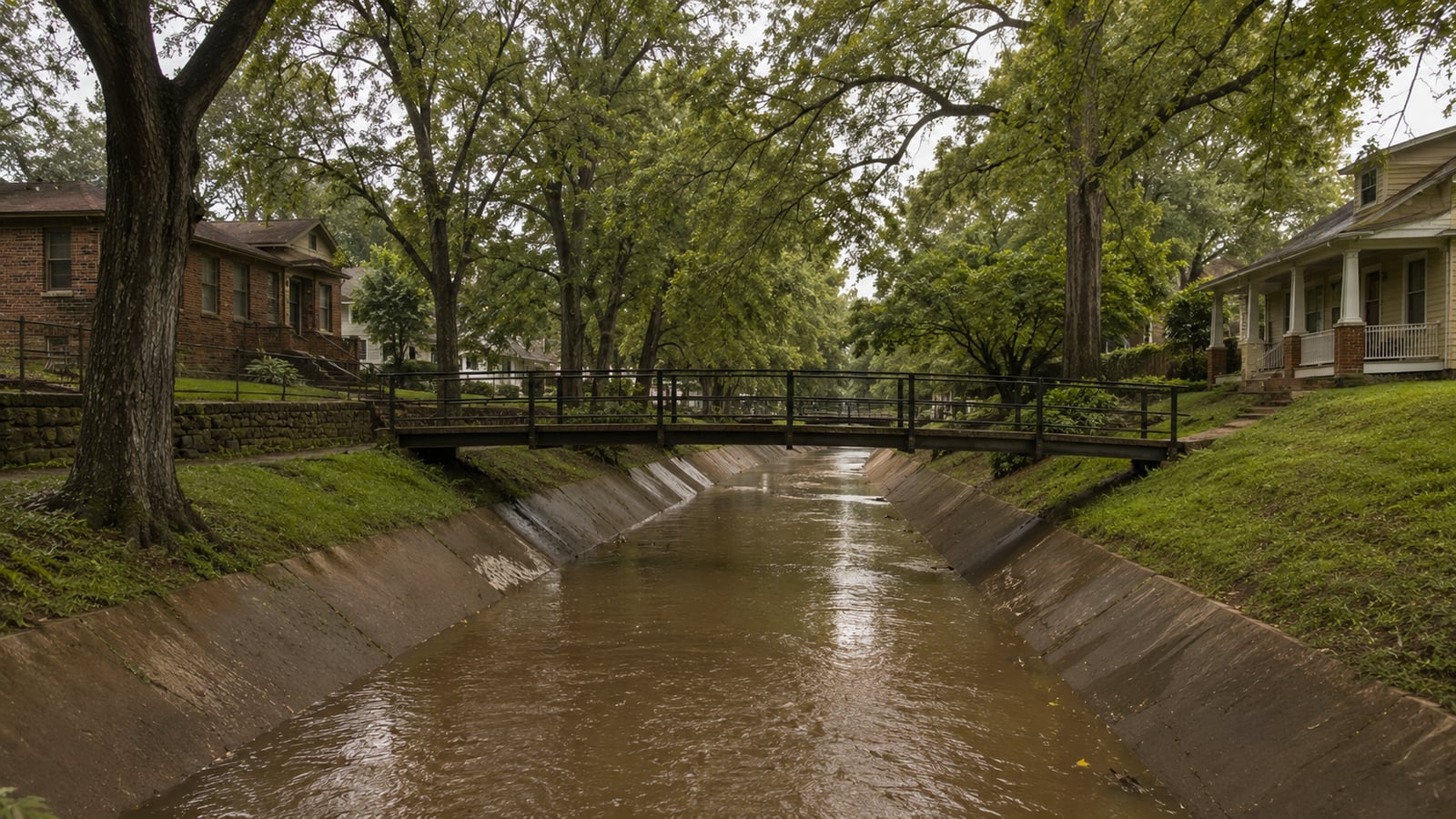 A concrete drainage channel running through a Memphis neighborhood carrying runoff after rain, with homes set above the channel grade on both sides.