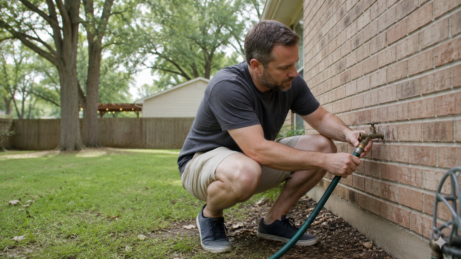 Man checking exterior water spigot at the side of a Cordova Tennessee home on a weekend afternoon