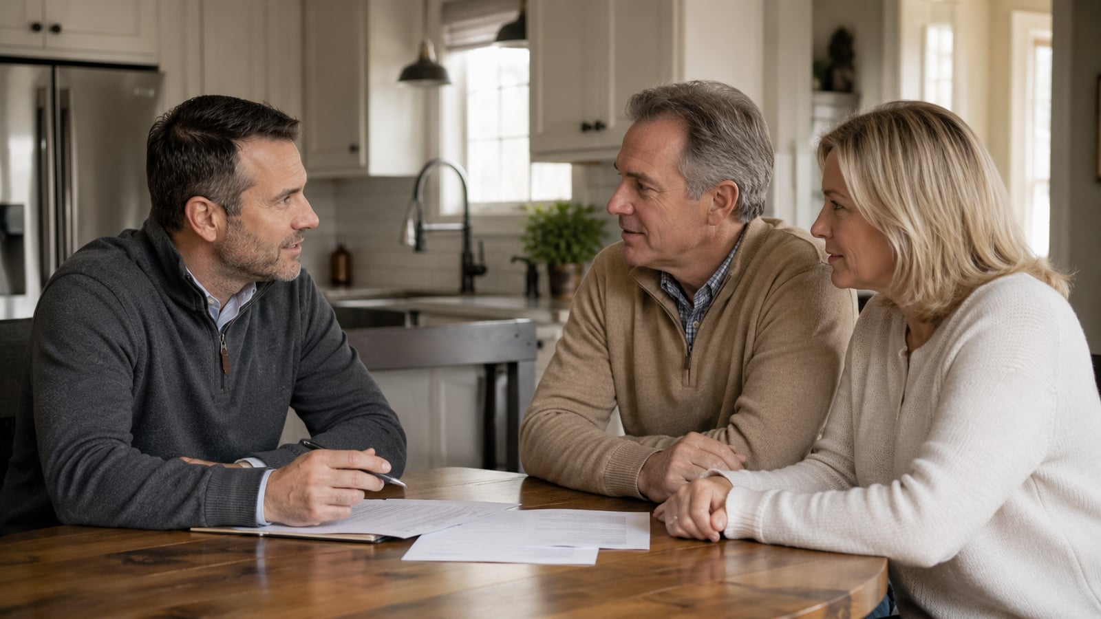 Independent insurance agent meeting with landlord clients at a table to review rental property coverage