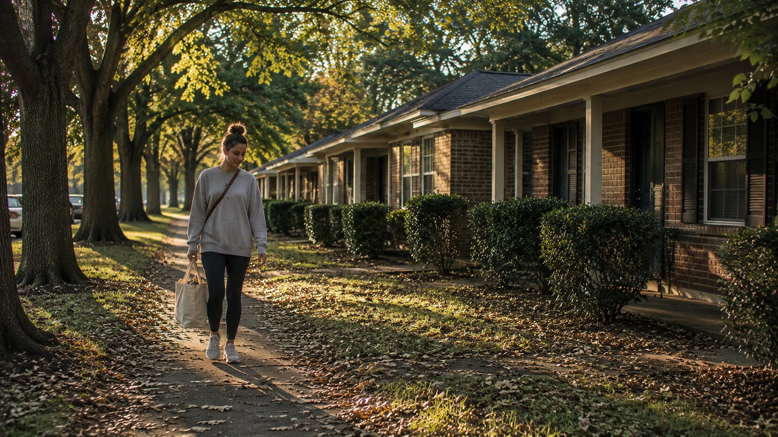 Woman walking along a leaf-covered sidewalk past garden-style rental units in a suburban Mid-South neighborhood in late afternoon light