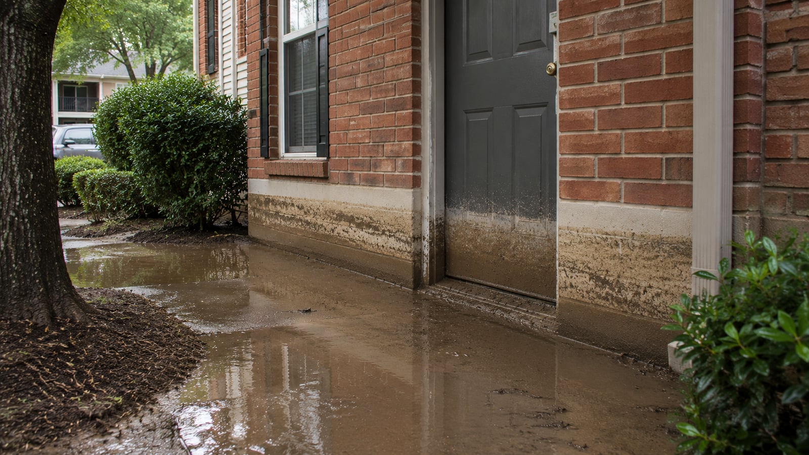 Ground-floor apartment entrance with water pooled on walkway and flood waterline stain visible on the door and foundation after a recent flood event