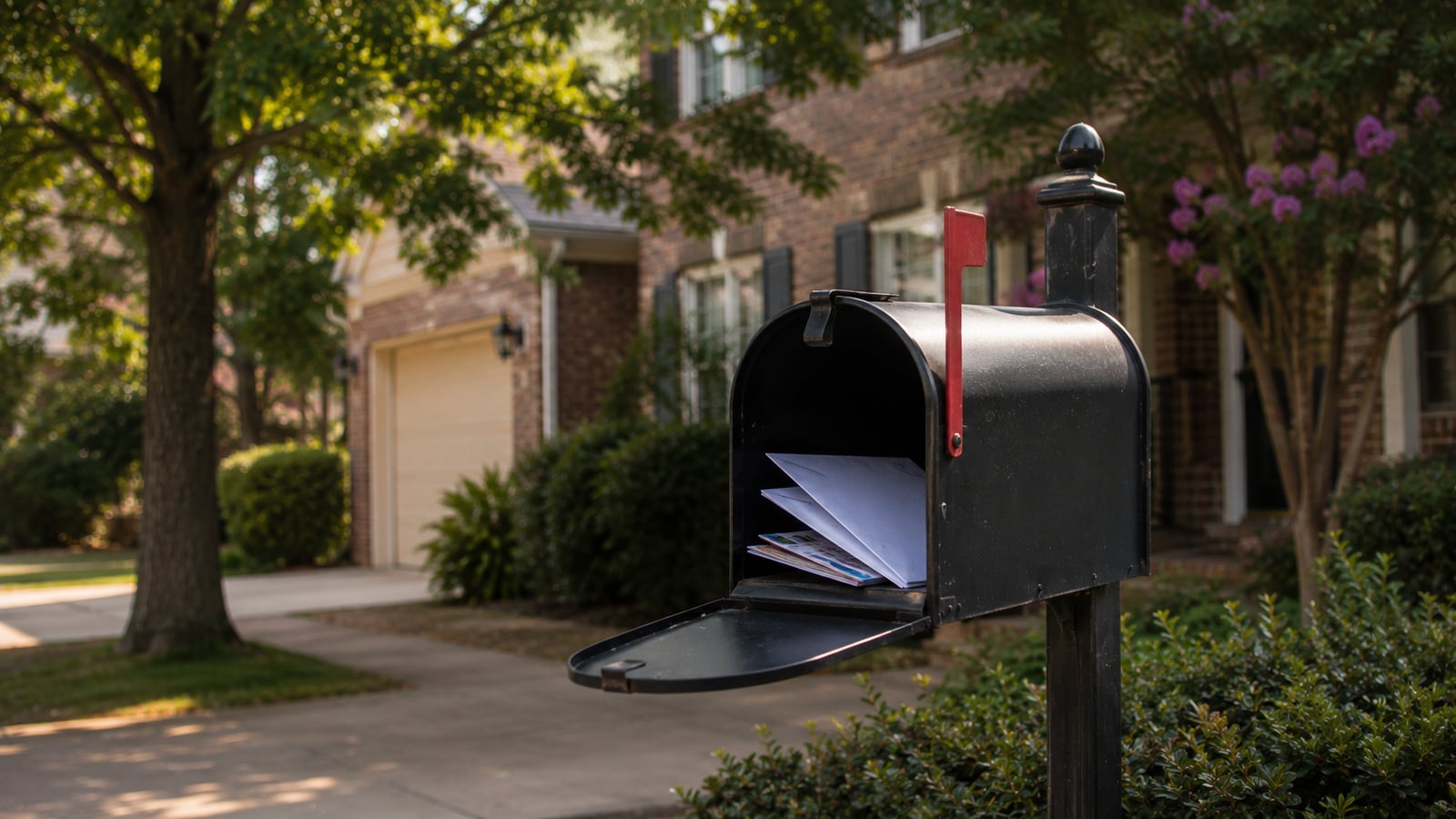 An open residential mailbox at the end of a suburban driveway with envelopes inside, morning light