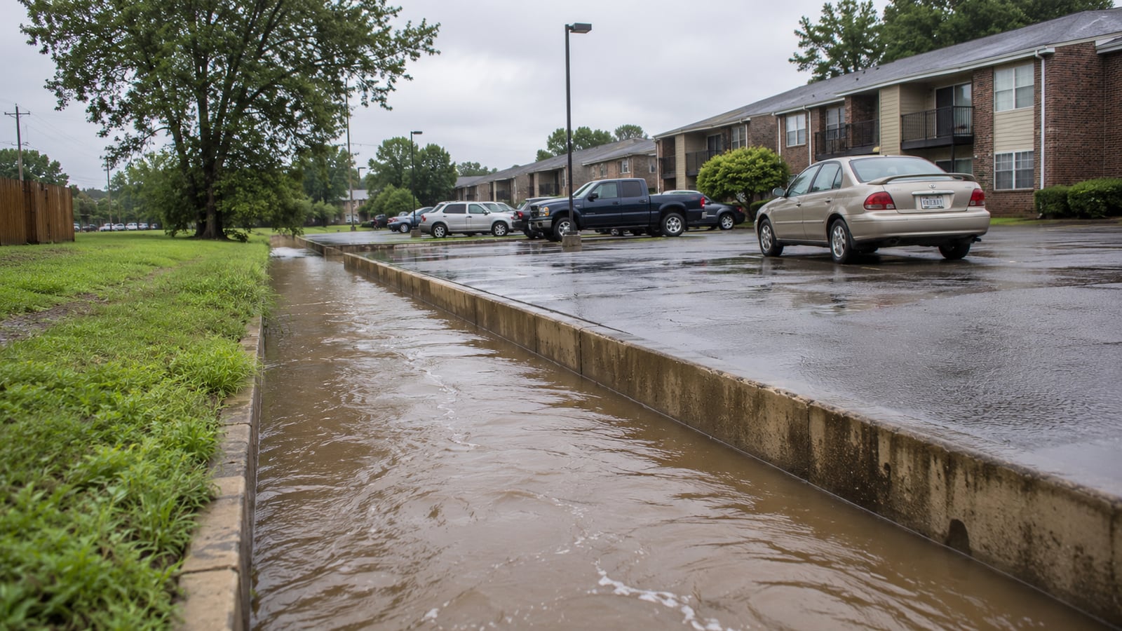 Stormwater drainage channel nearly full beside a suburban apartment complex parking lot after heavy rain, water level close to overflowing onto the lot