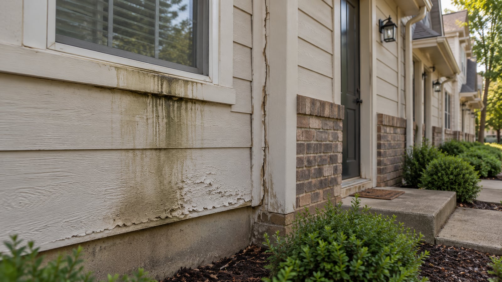 Water staining and paint bubbling on the shared exterior wall of a townhome rental unit showing visible signs of water damage near a window