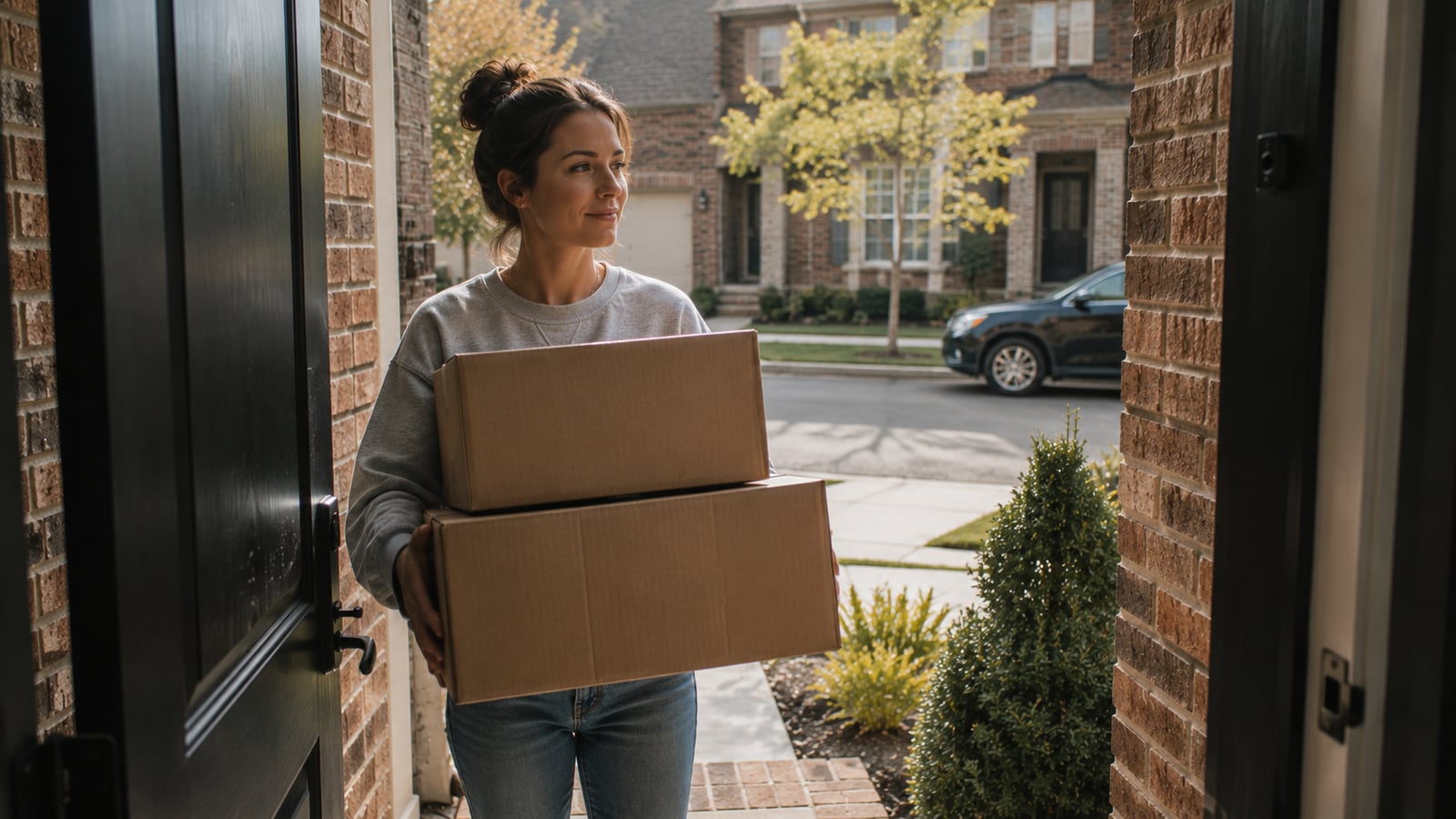 Young woman carrying moving boxes into a brick townhome in Olive Branch, MS