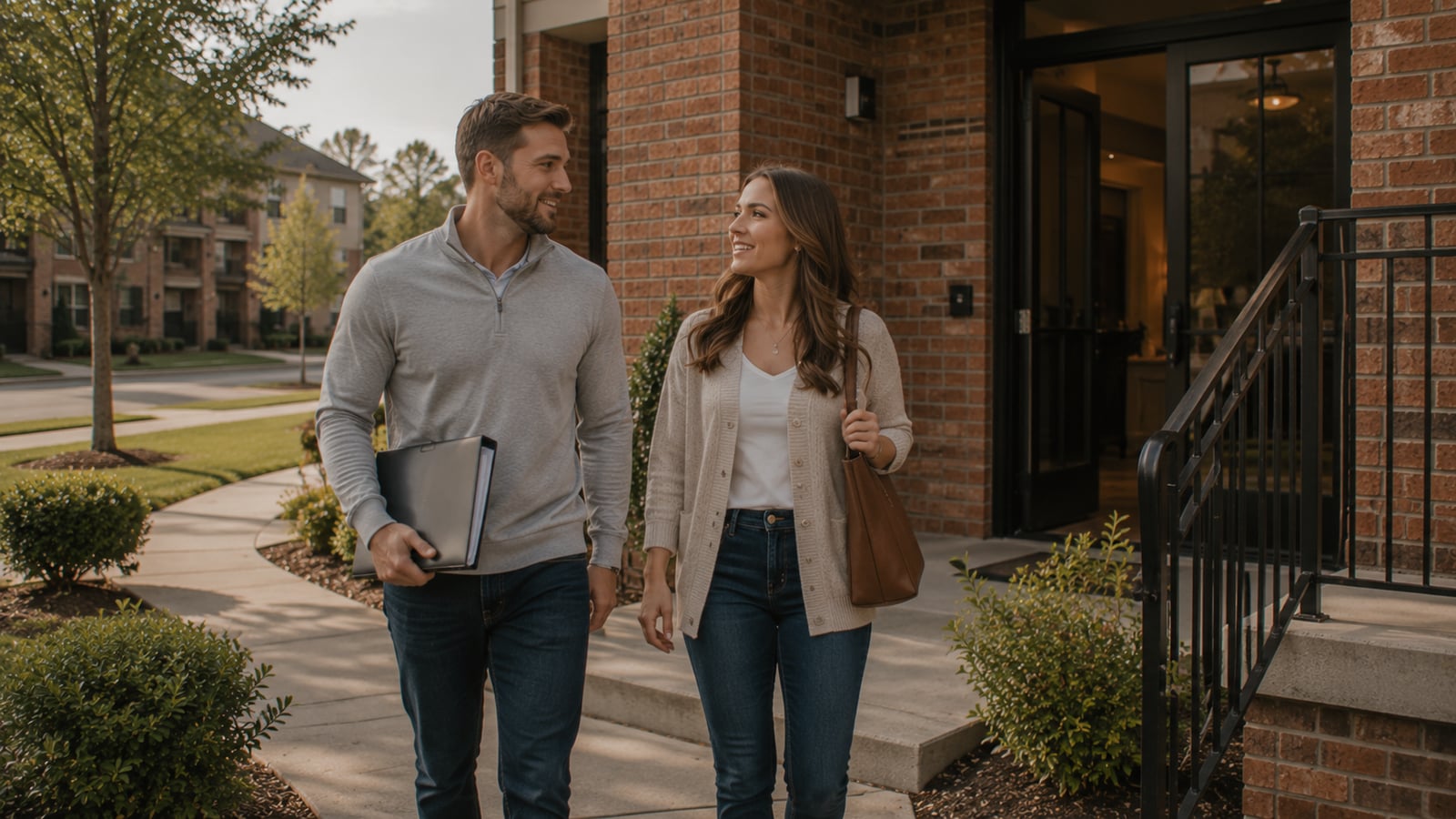 Couple arriving at a brick apartment complex in Olive Branch, Mississippi