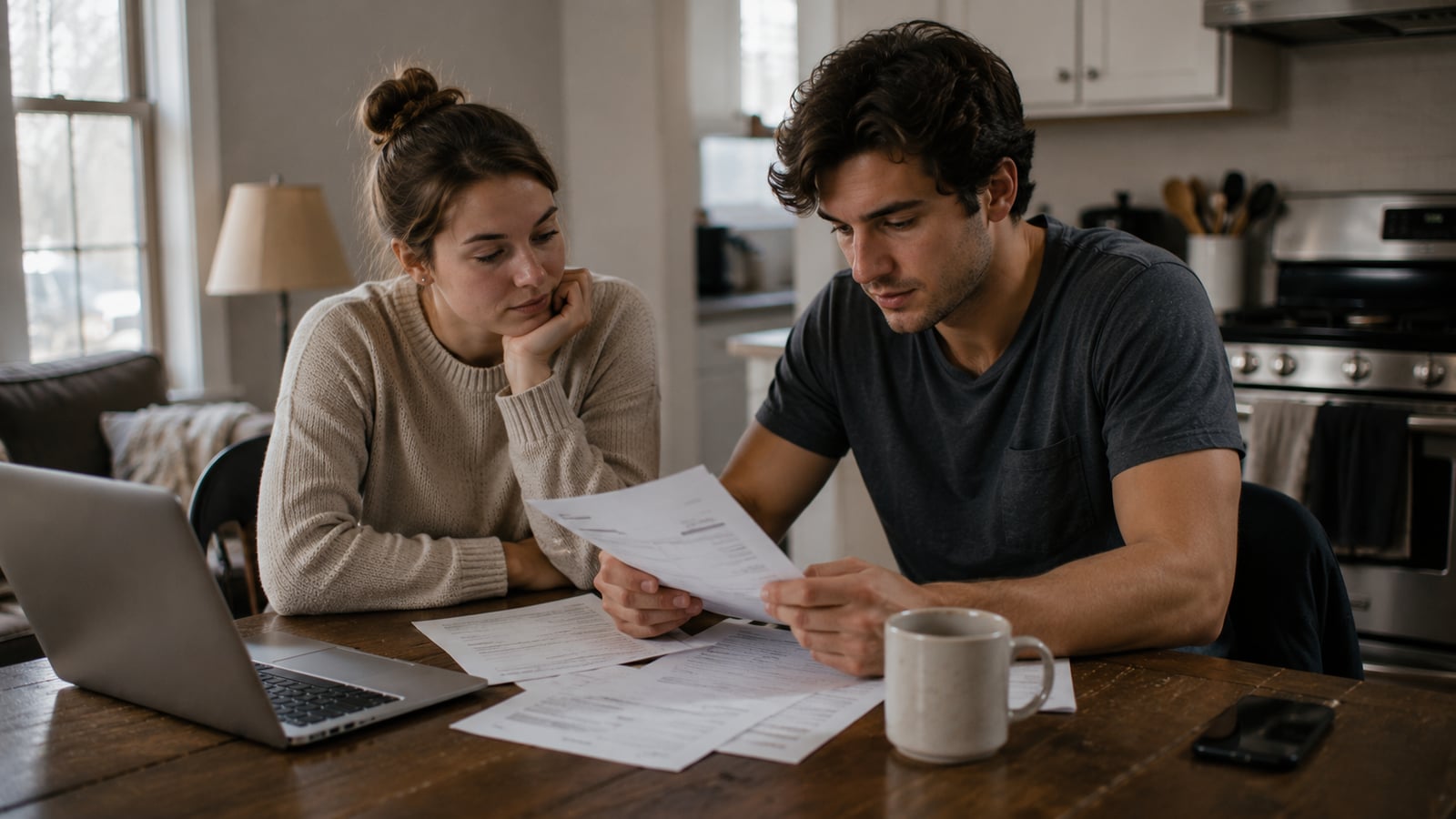 Two roommates reviewing lease documents at a kitchen table in a shared rental