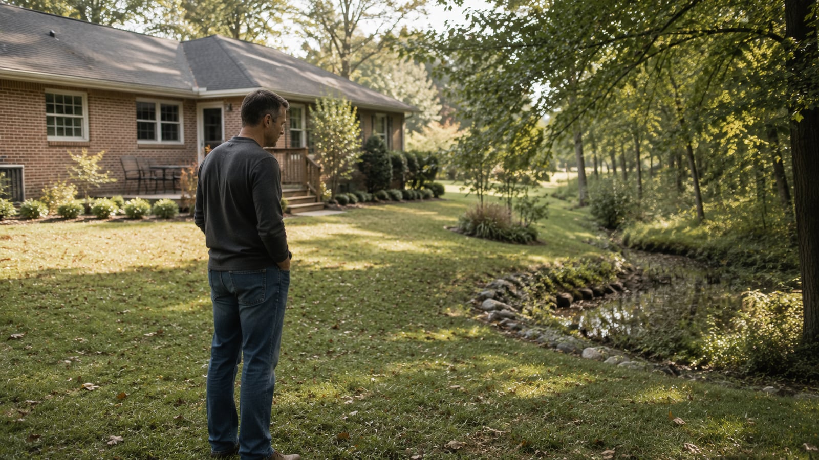 Homeowner looking toward a drainage area behind their ranch home in DeSoto County Mississippi