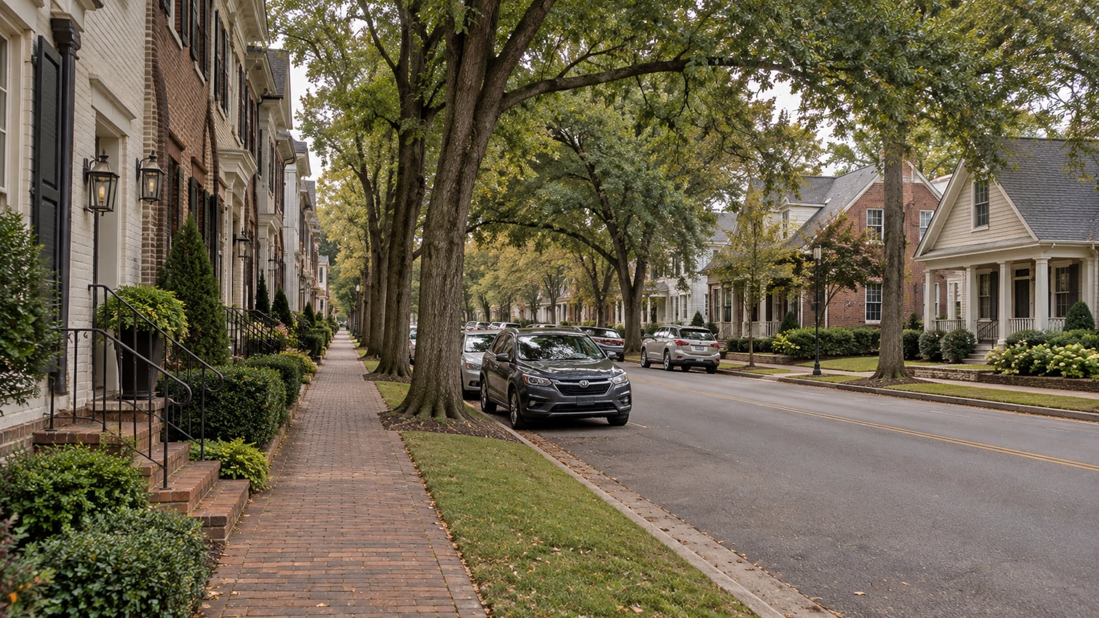 Quiet streetscape near Collierville Town Square showing older attached townhomes and small detached cottages on a narrow tree-lined street
