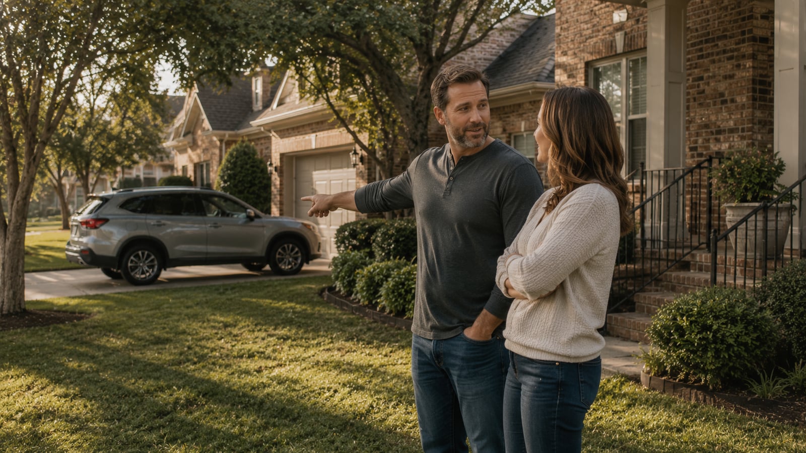 Couple in front of their home and car in a DeSoto County, MS neighborhood