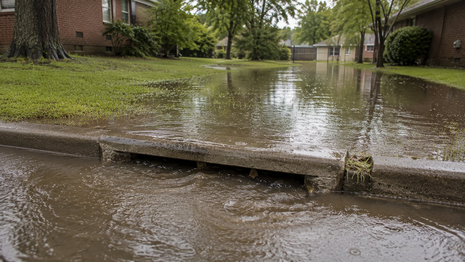 An overwhelmed storm drain inlet with murky water spreading across a suburban yard and street edge after heavy rainfall