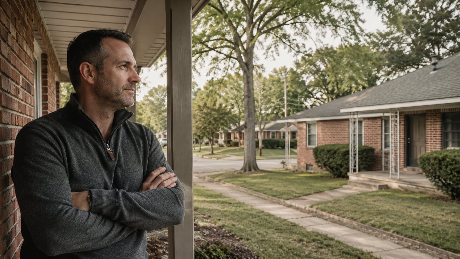 Landlord standing on the porch of a brick duplex rental property in a Shelby County neighborhood
