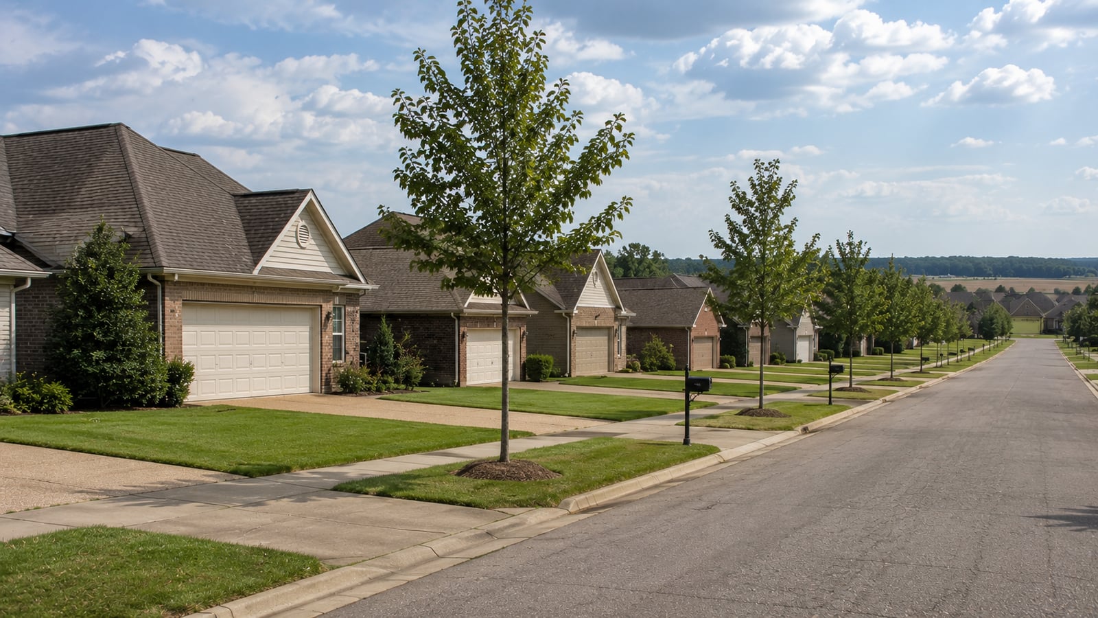 Quiet residential street in a DeSoto County Mississippi suburb showing 1990s and 2000s ranch-style homes and flat north Mississippi topography