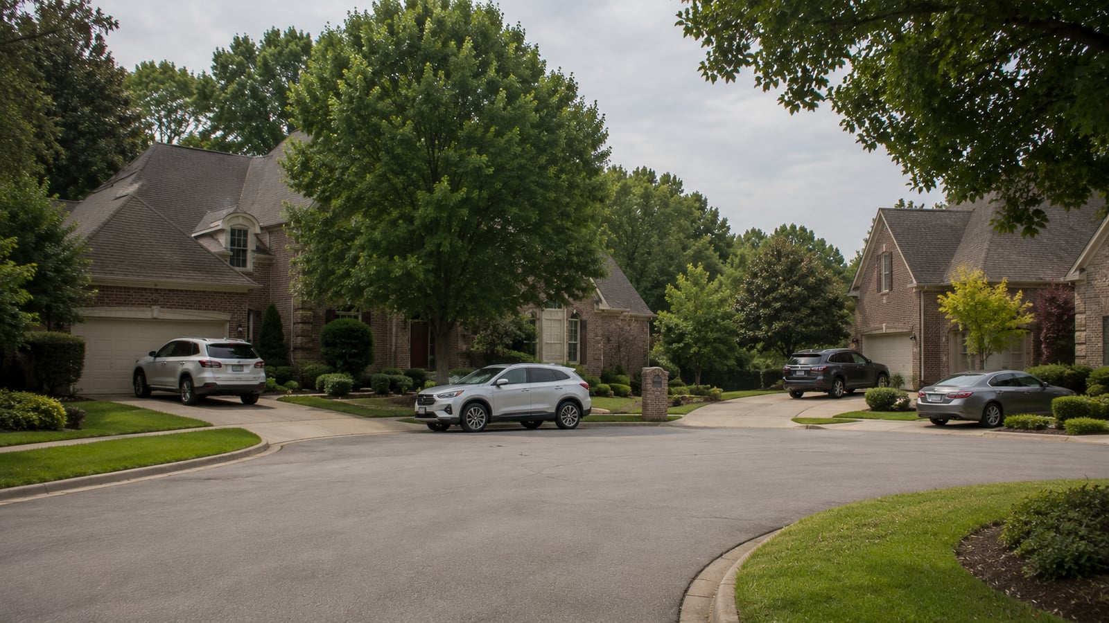 Residential cul-de-sac in Germantown Tennessee with newer model vehicles parked in driveways of upscale homes