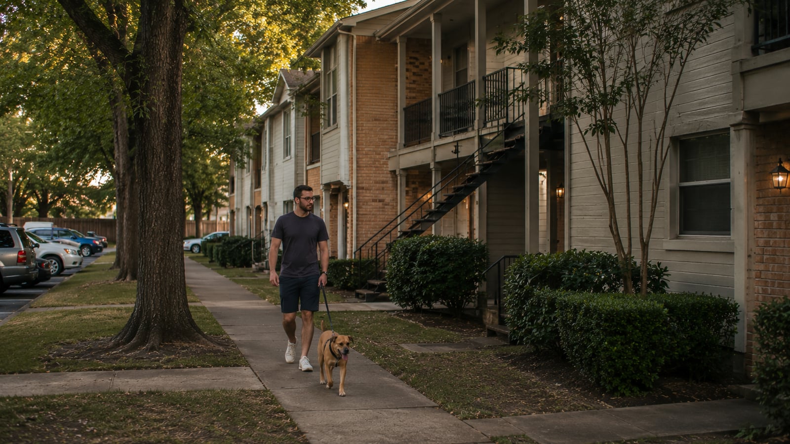 A young man walking a dog on the sidewalk in front of a 1980s-era garden-style apartment complex in Memphis in early evening