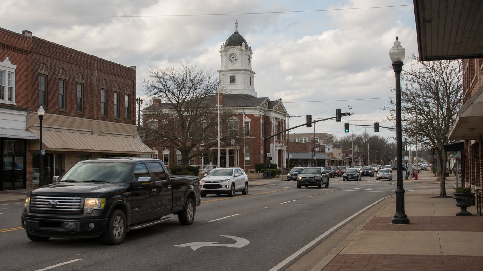 US-51 corridor through downtown Hernando Mississippi showing county courthouse and mix of commercial and government buildings along the main highway