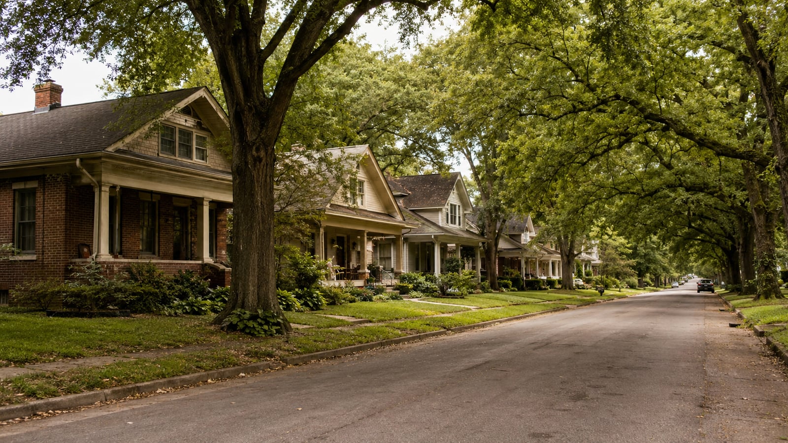 A residential block of early twentieth-century bungalows inside the I-240 loop in Memphis, with mature oak trees and original craftsman architectural details.