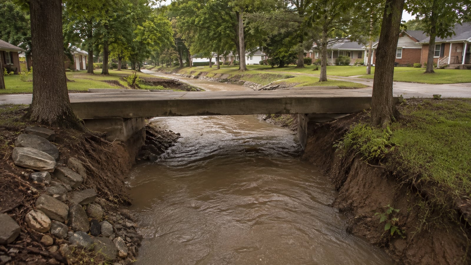 A small creek running high under a residential bridge in a north Mississippi town after heavy rain, with tree-lined banks and modest homes visible in the background.