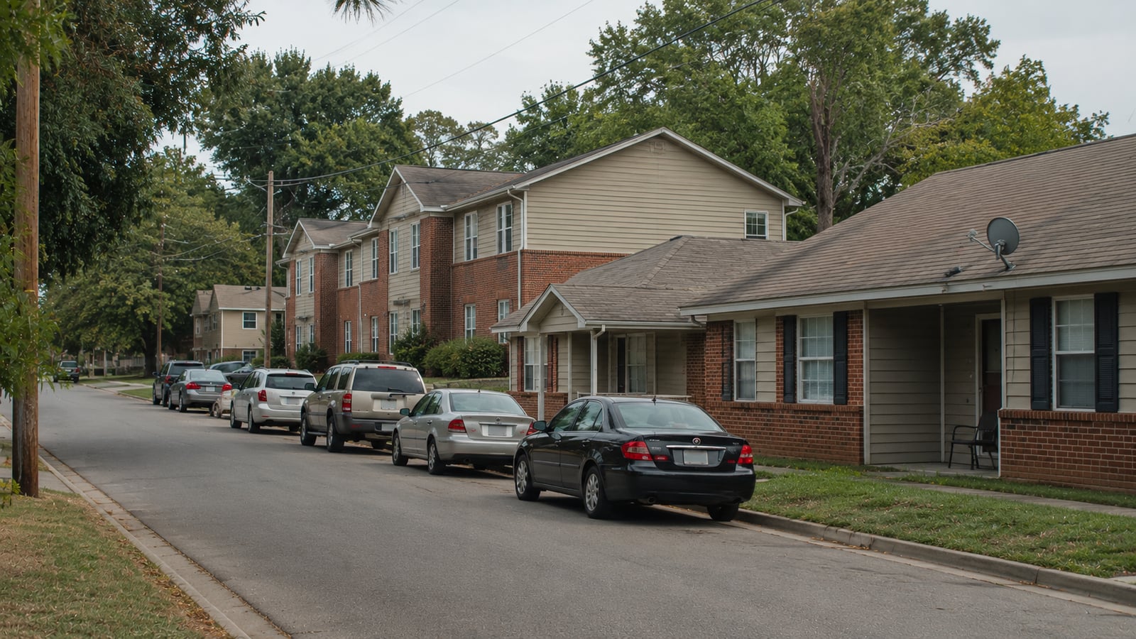 Suburban street showing a mix of garden-style apartment buildings and older single-story rental homes with parked cars along the curb