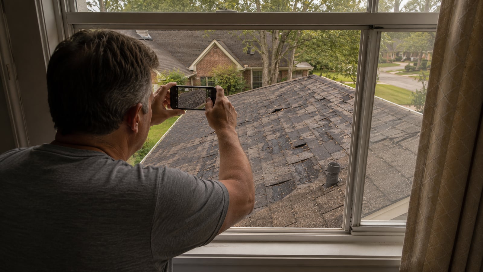 Homeowner photographing storm-damaged roof shingles from a window in a Memphis home