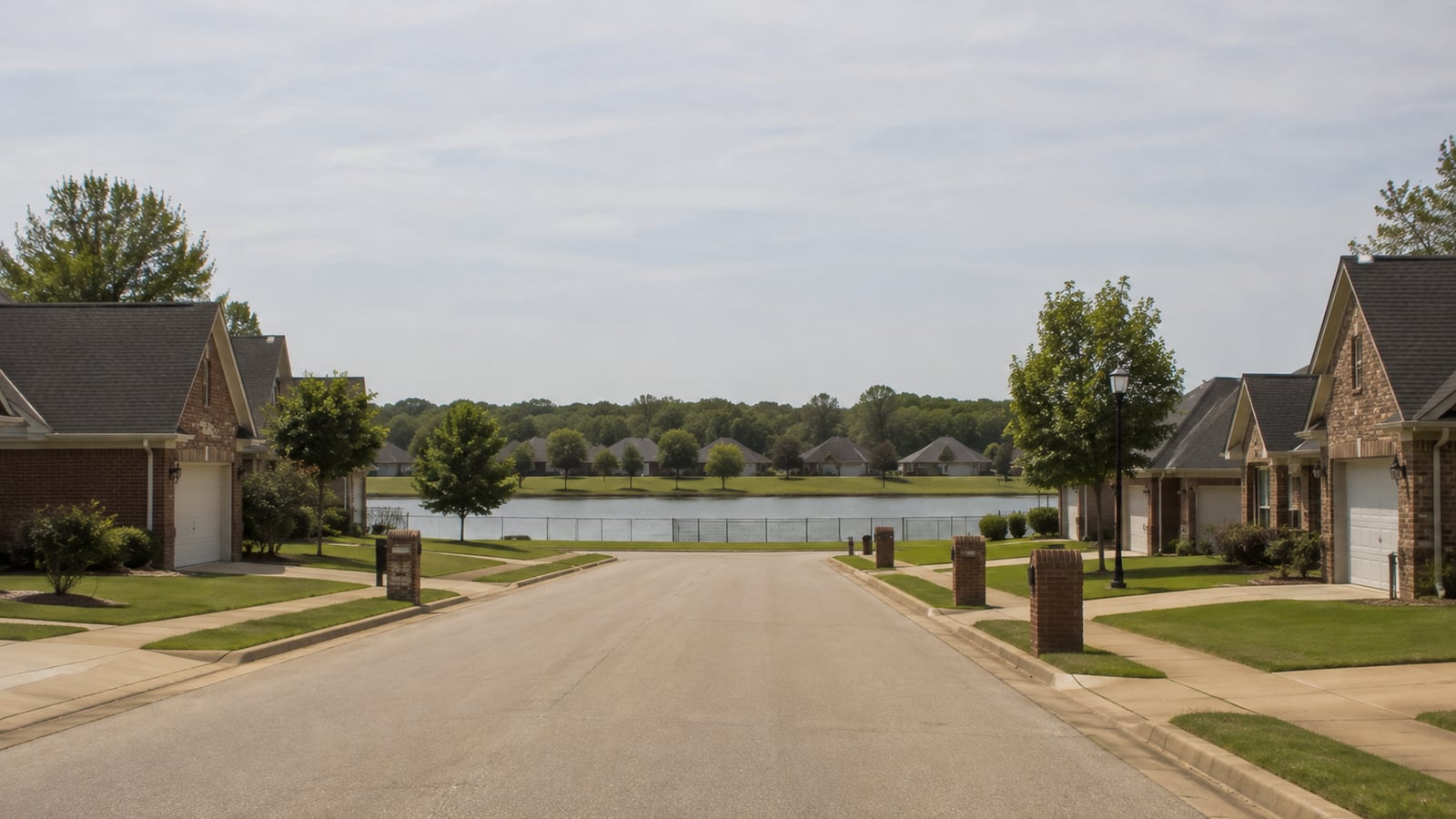 A newer north Mississippi residential subdivision street with flat lot grades and a stormwater detention pond visible at the end of the block, illustrating drainage infrastructure in post-agricultural development.