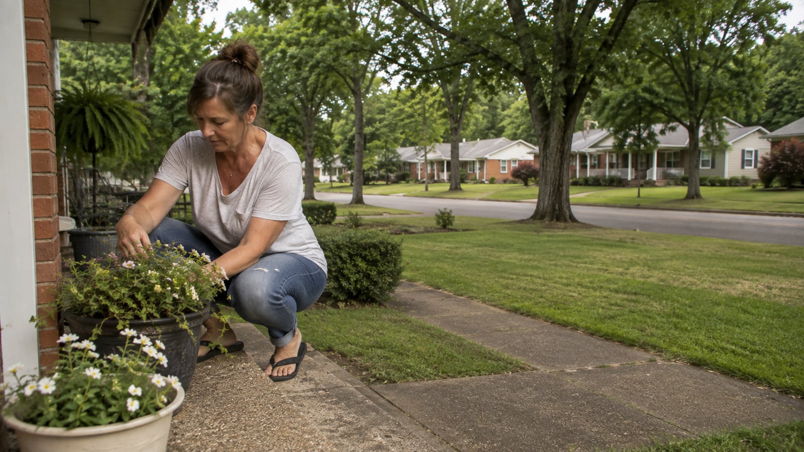 A woman tending to front-porch plants at a modest single-story home in a quiet Senatobia Mississippi neighborhood on a weekday morning.
