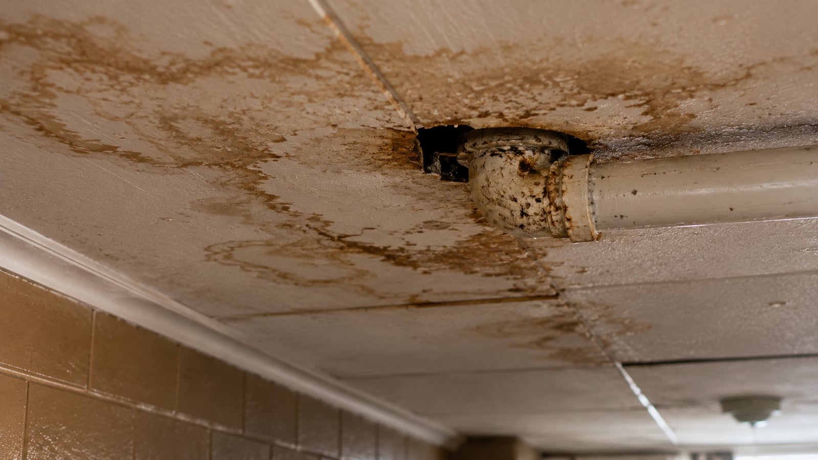 Water-stained ceiling and aging pipe fitting in the hallway of an older apartment building showing signs of long-term slow leakage