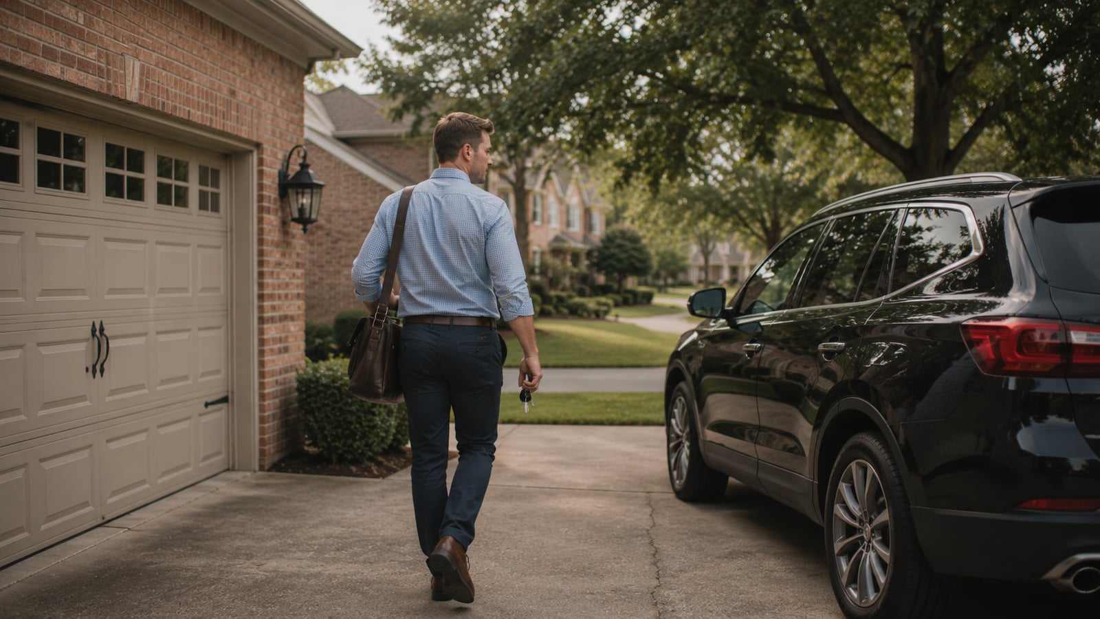 Man walking to his car in the driveway of a brick home in a Southaven, MS neighborhood