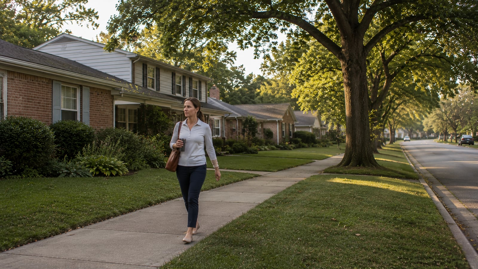 Woman walking along a suburban neighborhood sidewalk in early morning in Shelby County Tennessee