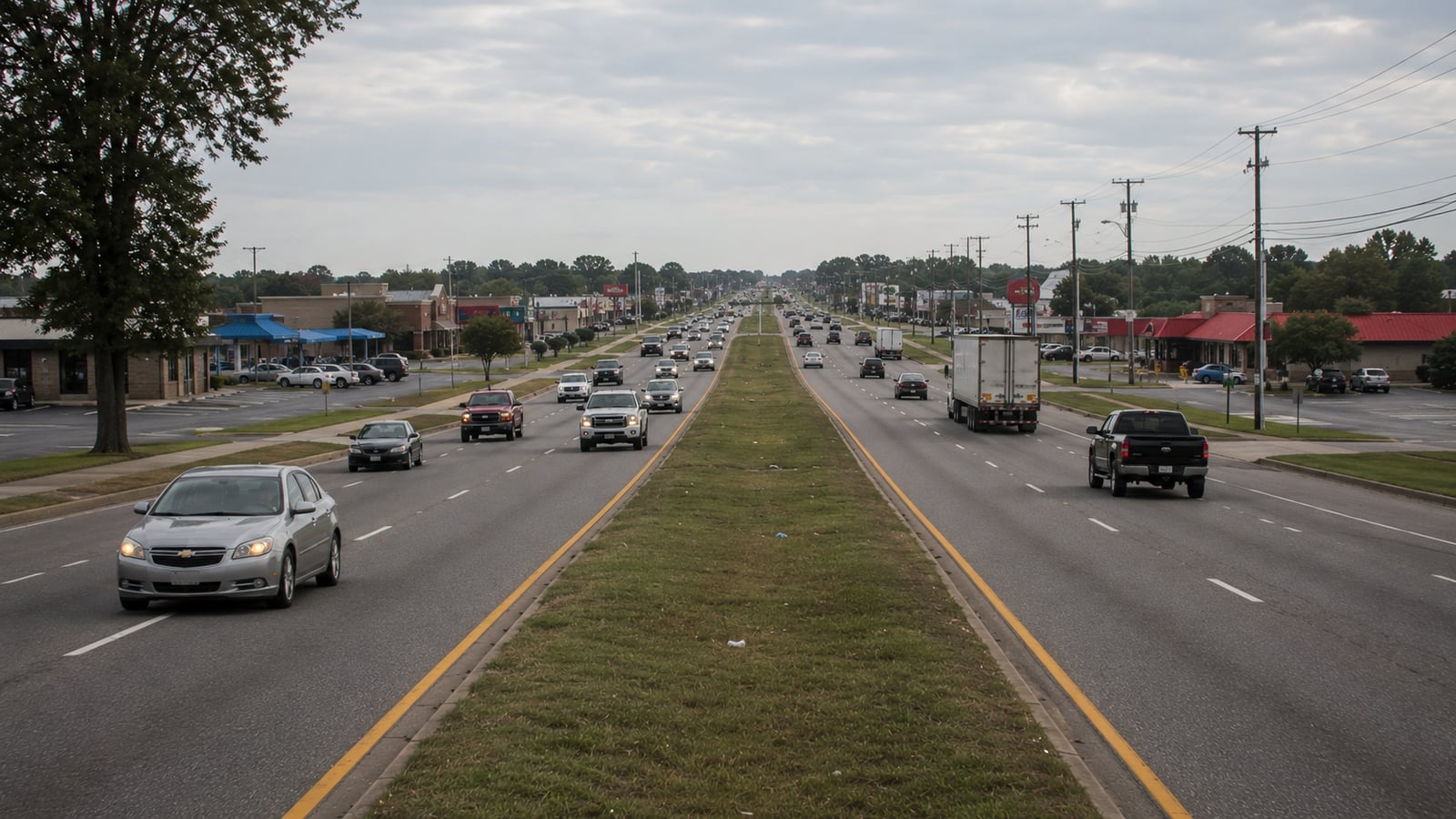 US-51 commercial corridor through Horn Lake, Mississippi on a weekday morning with commuter traffic heading north toward Memphis