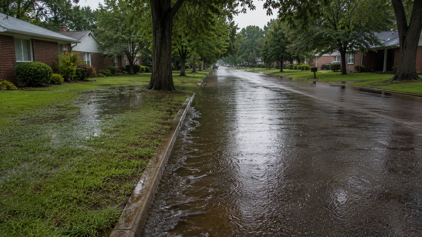 Standing water along a suburban residential street after heavy rain, with saturated front yards and slow-moving storm runoff at the curb