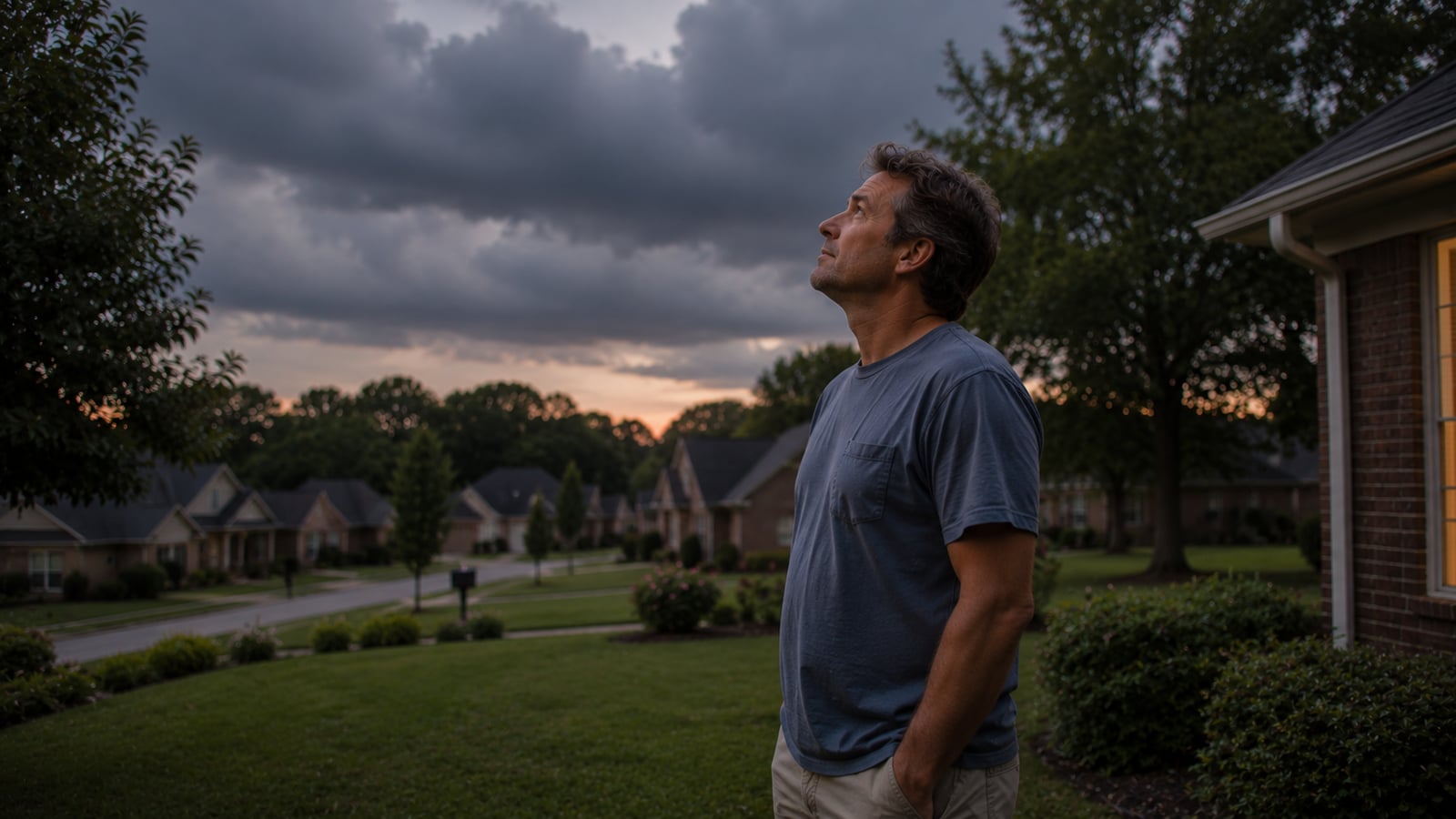 A middle-aged homeowner standing in his front yard at dusk, looking up at an overcast and darkening sky
