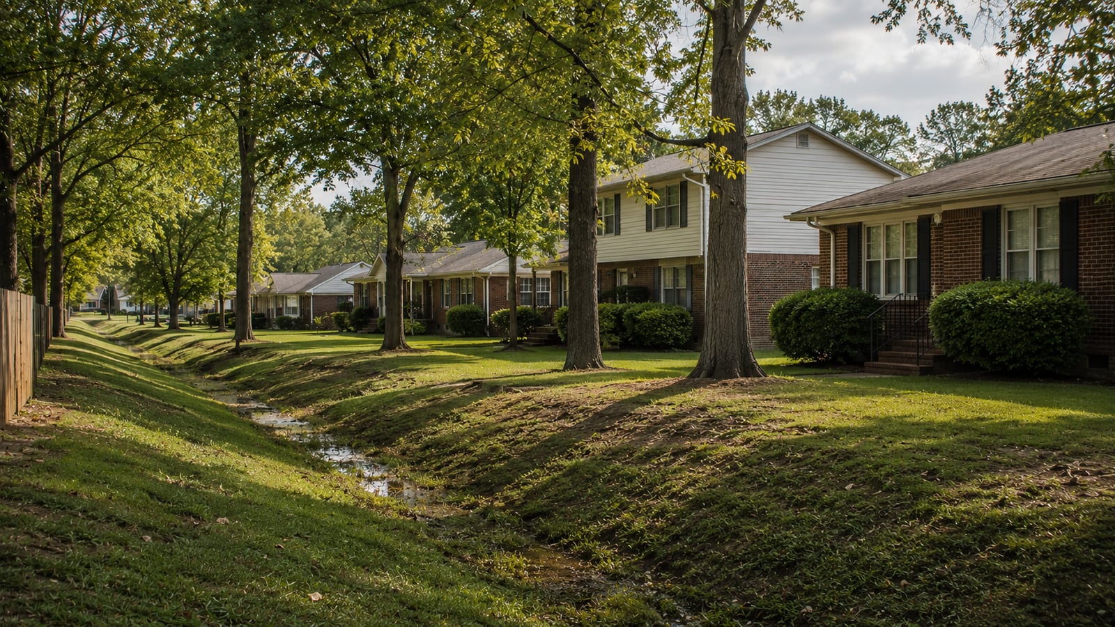 A quiet suburban residential block in Shelby County Tennessee showing a mix of ranch-style and two-story homes from the 1970s and 1980s with a low-lying drainage swale behind the lots