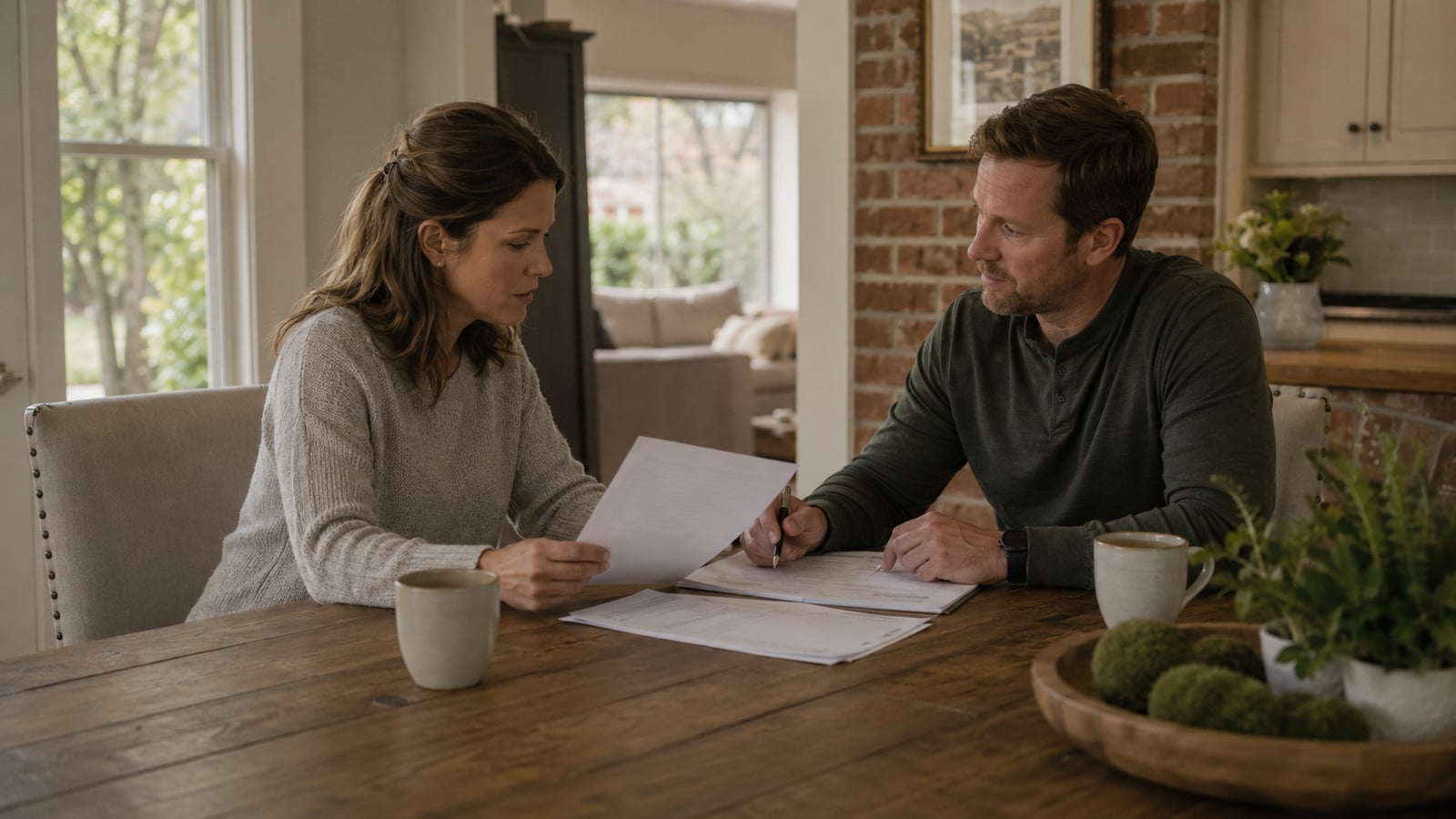 Homeowners reviewing documents together at a kitchen table in a brick home in Hernando MS