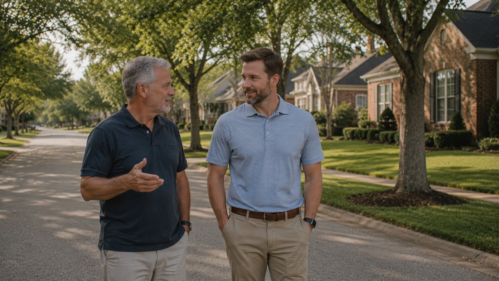 Two men having a friendly conversation on a quiet street in a Southaven, MS neighborhood