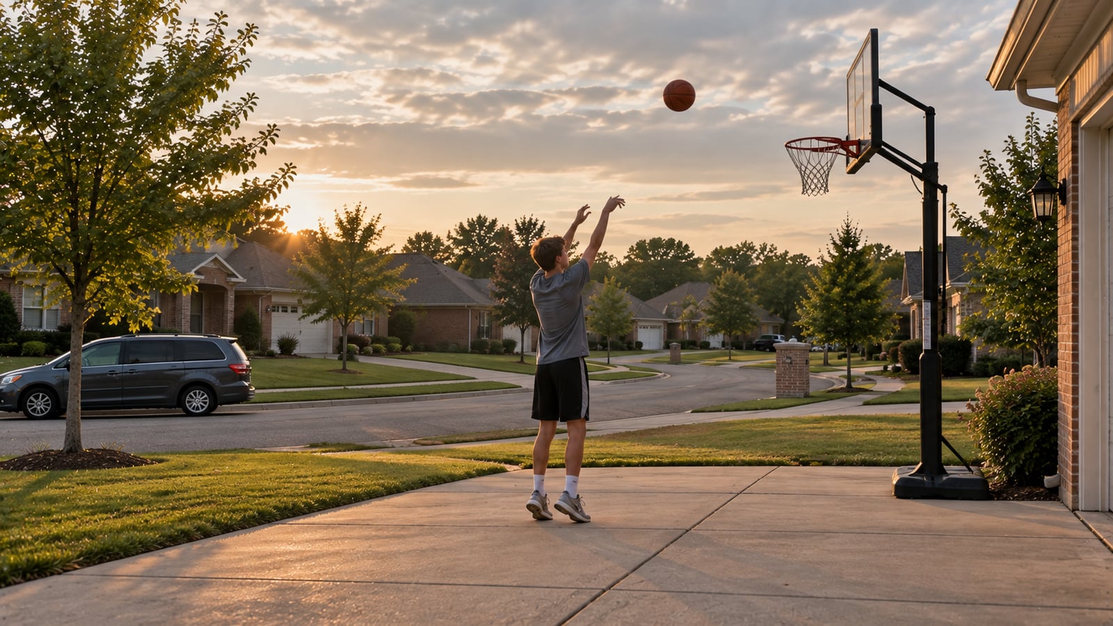 Teenage boy shooting basketball alone in the driveway of a newer home in an Arlington Tennessee subdivision on a weekday afternoon