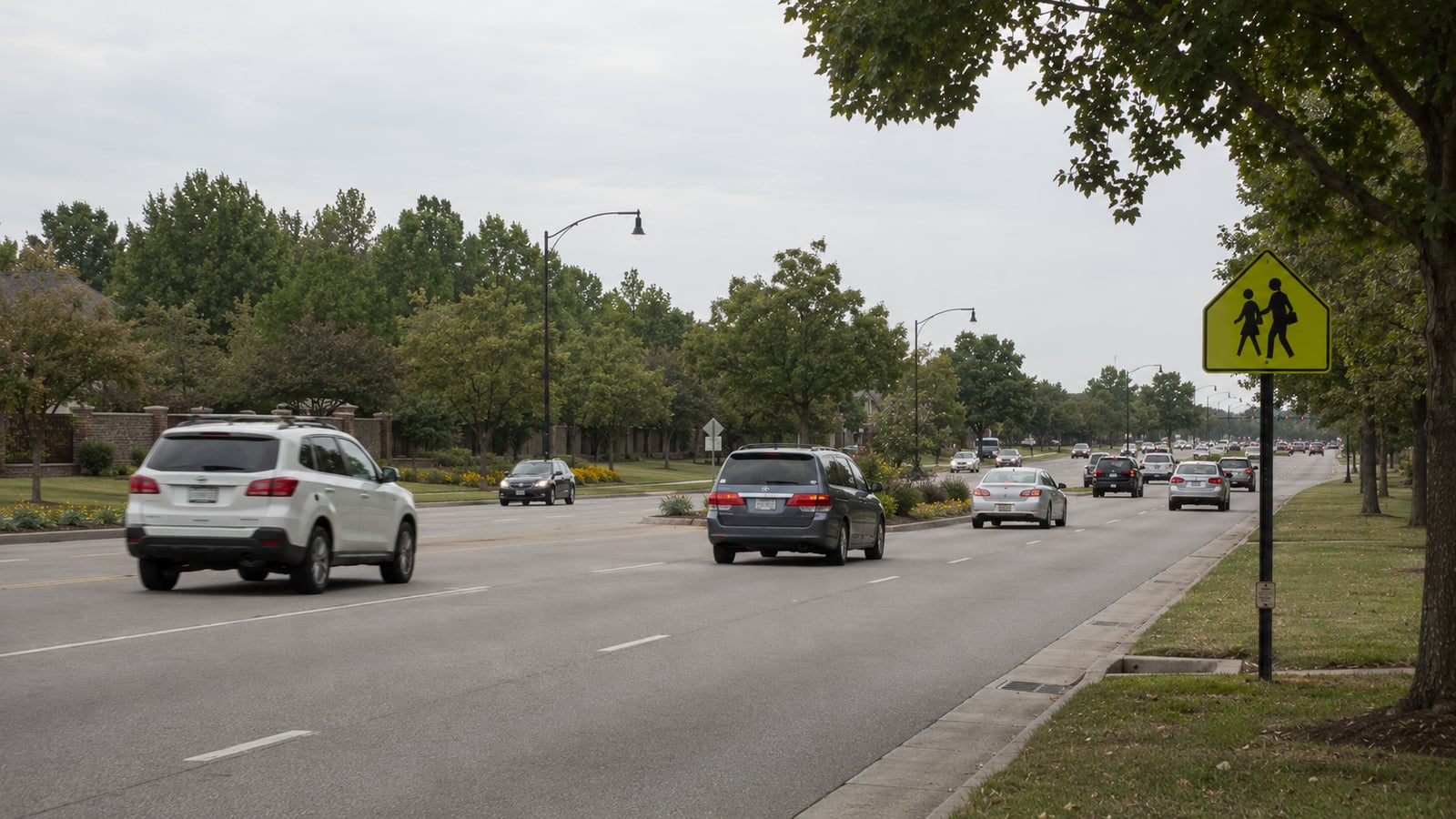 Forest Hill-Irene Road in Germantown Tennessee during morning commute hours with school zone signage and moderate traffic