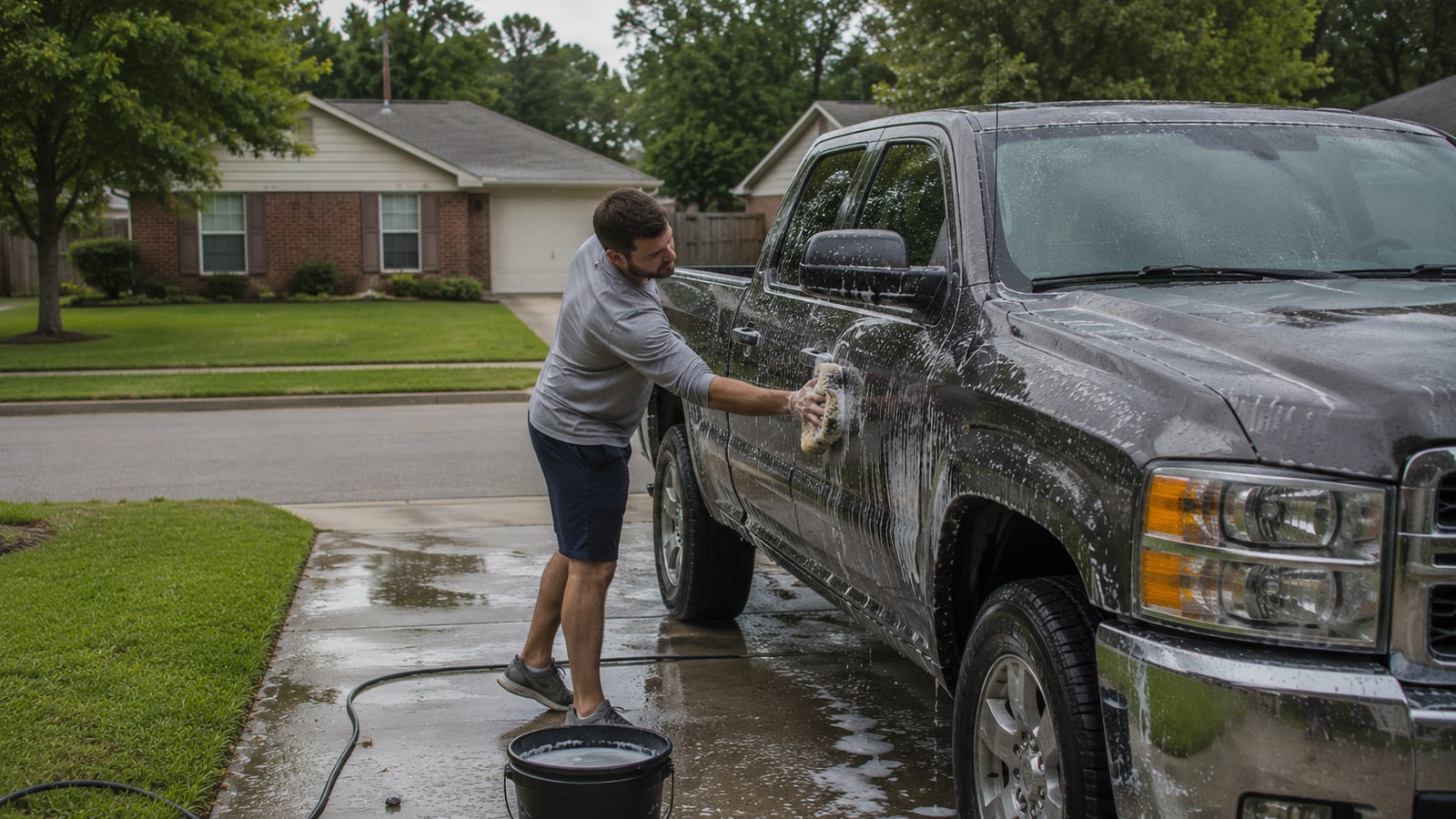 A man washing his pickup truck in a driveway in a Horn Lake Mississippi neighborhood on a weekend morning